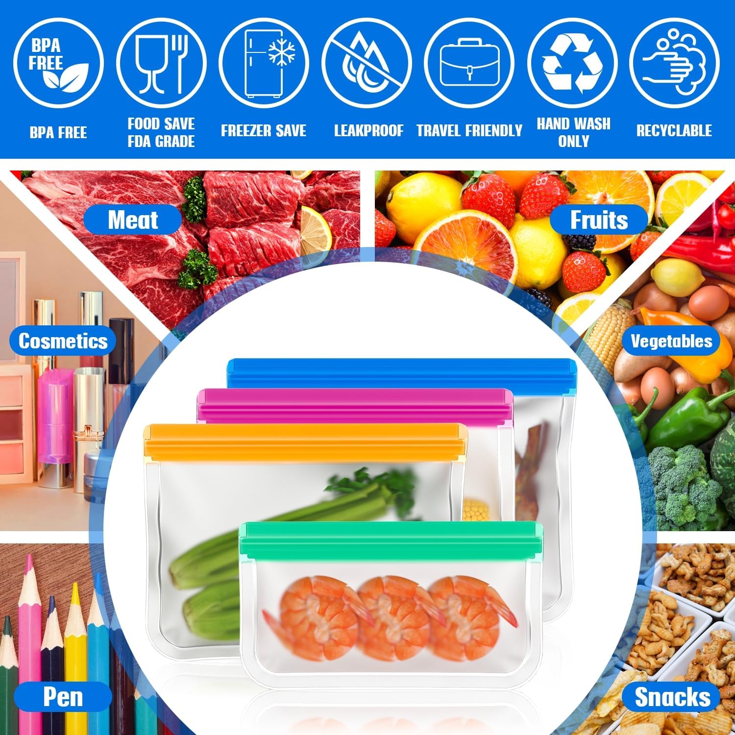 12 Pack Reusable Freezer Bags, BPA Free Food Bags Zip Seal For Keeping Lunch, Sandwich, Snacks, Fruit, Vegetables,Soup, Meat,Grains Fresh Clear Silicone Leakproof Food Storage Bags - 4 Sizes - Image 4