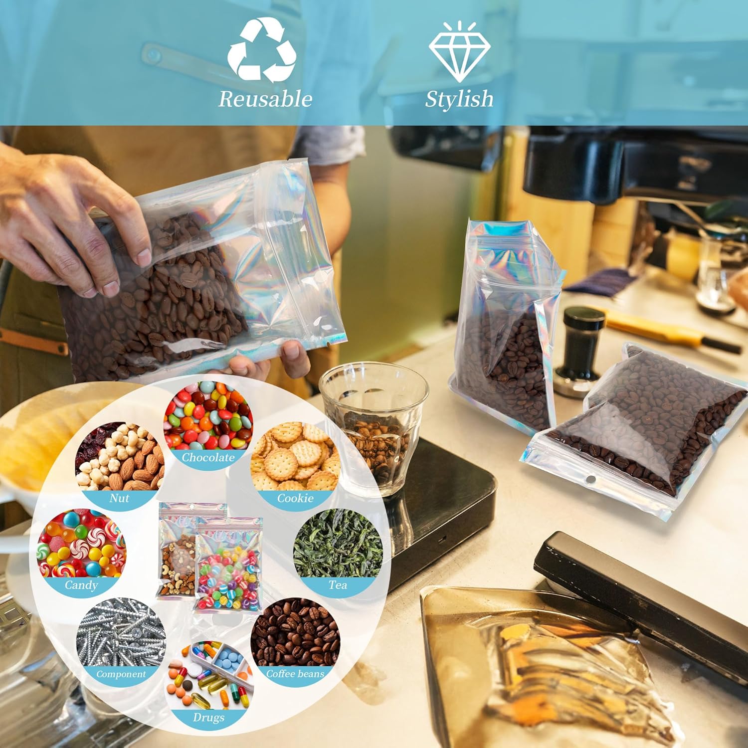 200 PCS Holographic Bags 14x20cm, Resealable Foil Zip Lock Bags, Clear Sealable Mylar Bag for Food, Jewelry - Image 5