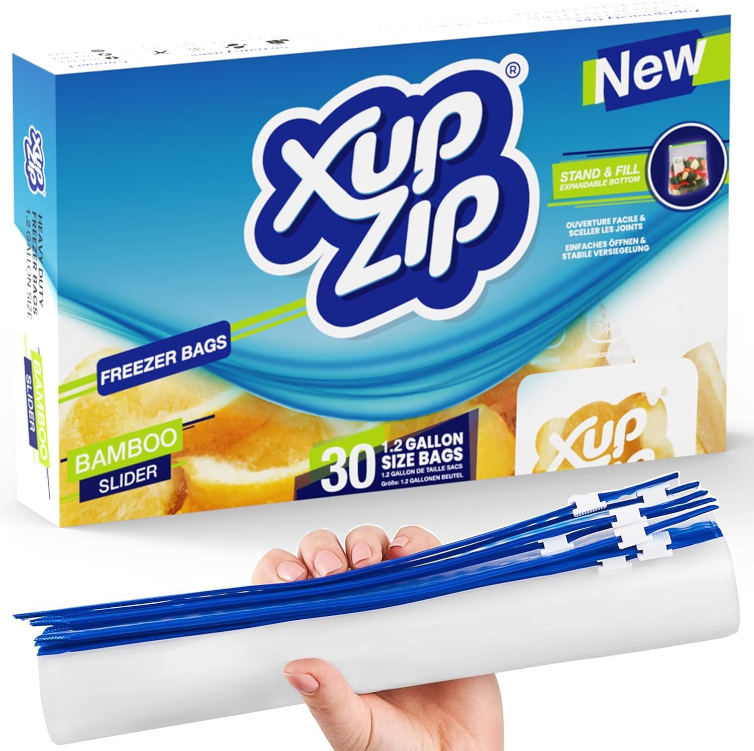 XupZip 4.55L Slider Freezer Bags with Airtight & Leakproof Smart Zip Seal – Reusable Food Bag with Expandable Bottom – 1.2 Gallon Heavy-Duty Large Zip-Lock Bags, 30 Pcs