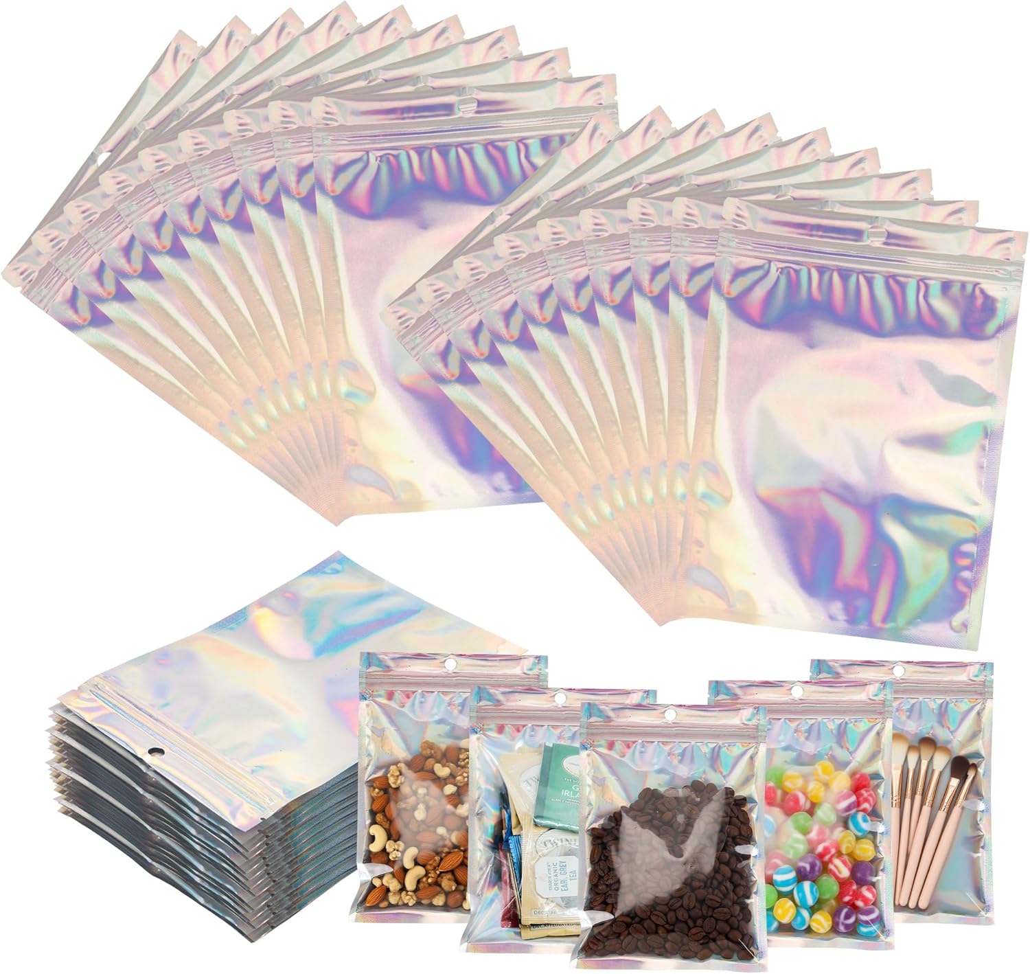 200 PCS Holographic Bags 14x20cm, Resealable Foil Zip Lock Bags, Clear Sealable Mylar Bag for Food, Jewelry