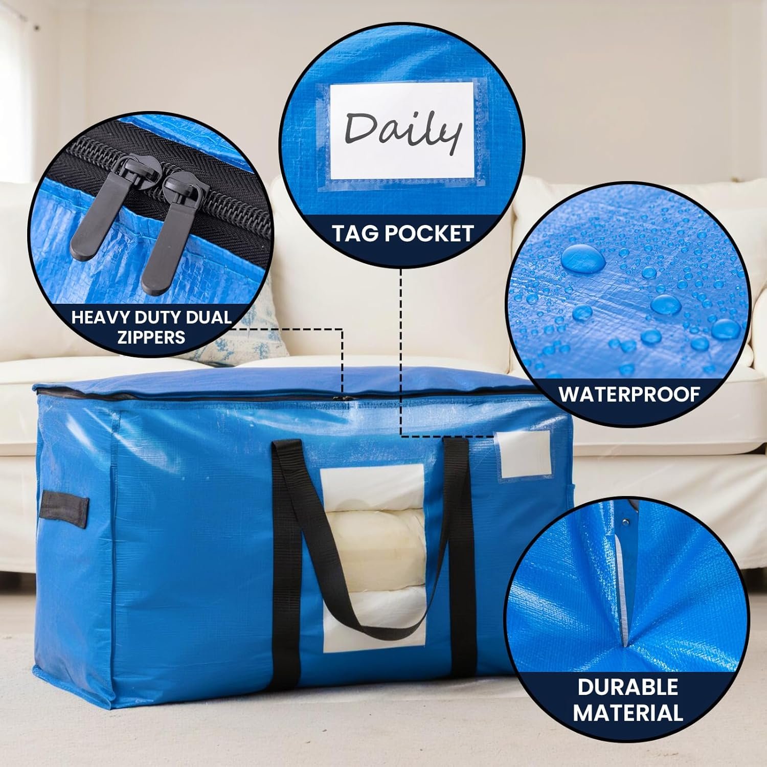 TAILI Large Moving Bags & Storage Bags 4 Pack, Clear Window & Reinforced Handles,Heavy Duty Storage Bags with Zips for Clothes,Beddings,Travel,Camping,Loft,Moving box alternatives - Image 5