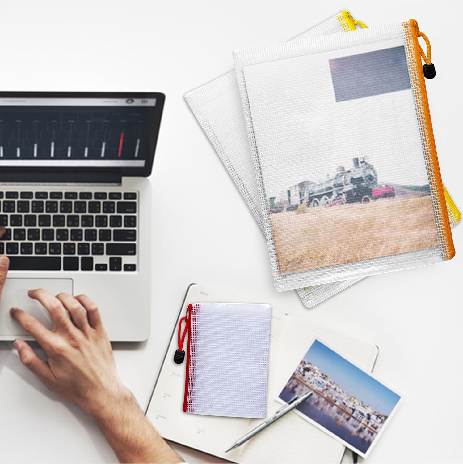 Pack of 10 A4 Assorted PVC Mesh Coloured Zip Bags - Mesh Zipper Pouch Document Bag - A4 Zipper File Bags for School & Office Supplies - Image 3