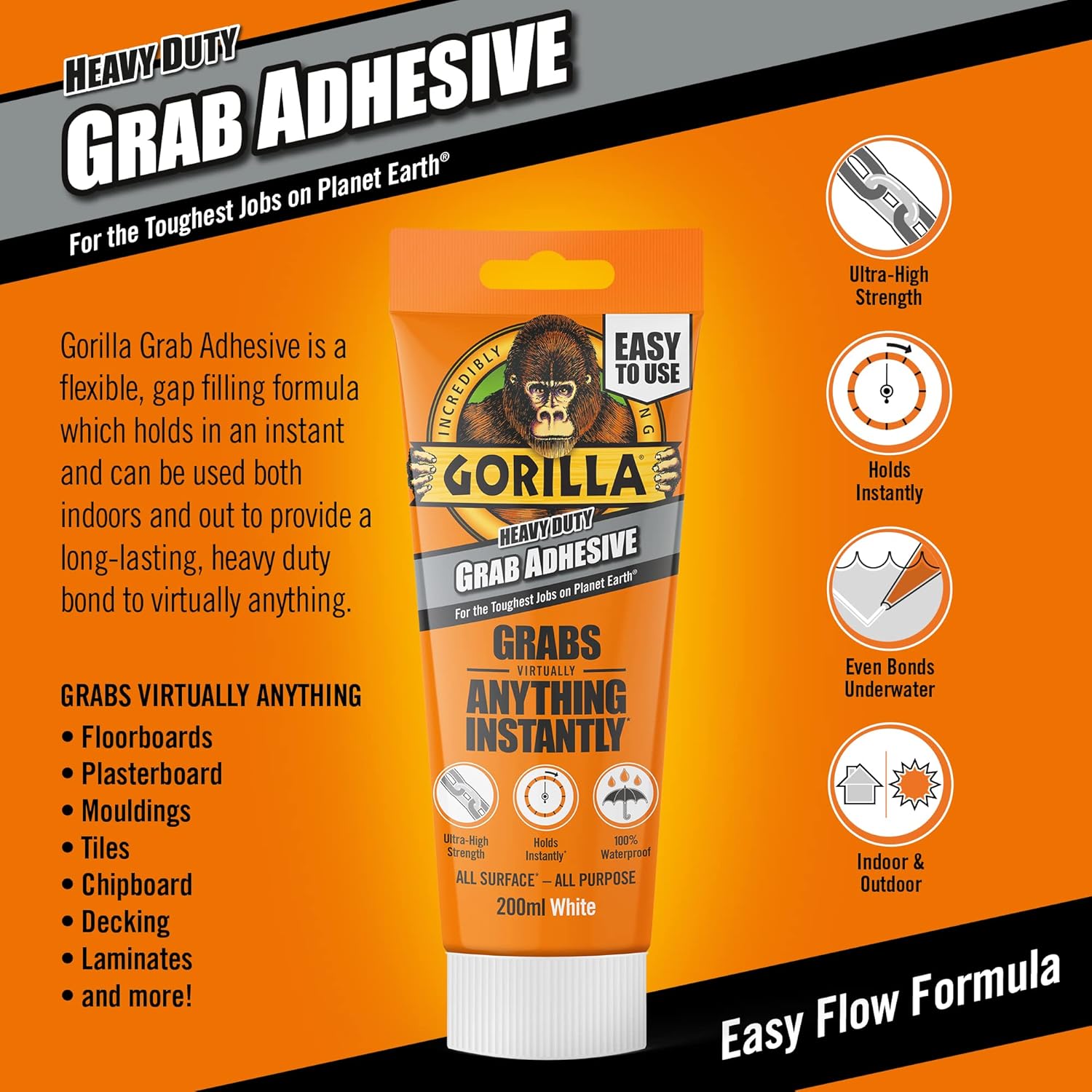 Gorilla Heavy Duty White Grab Adhesive 200ml Tube – All-Purpose, Ultra-High Strength, Holds Instantly, 100% Waterproof & temperature resistant - Image 6