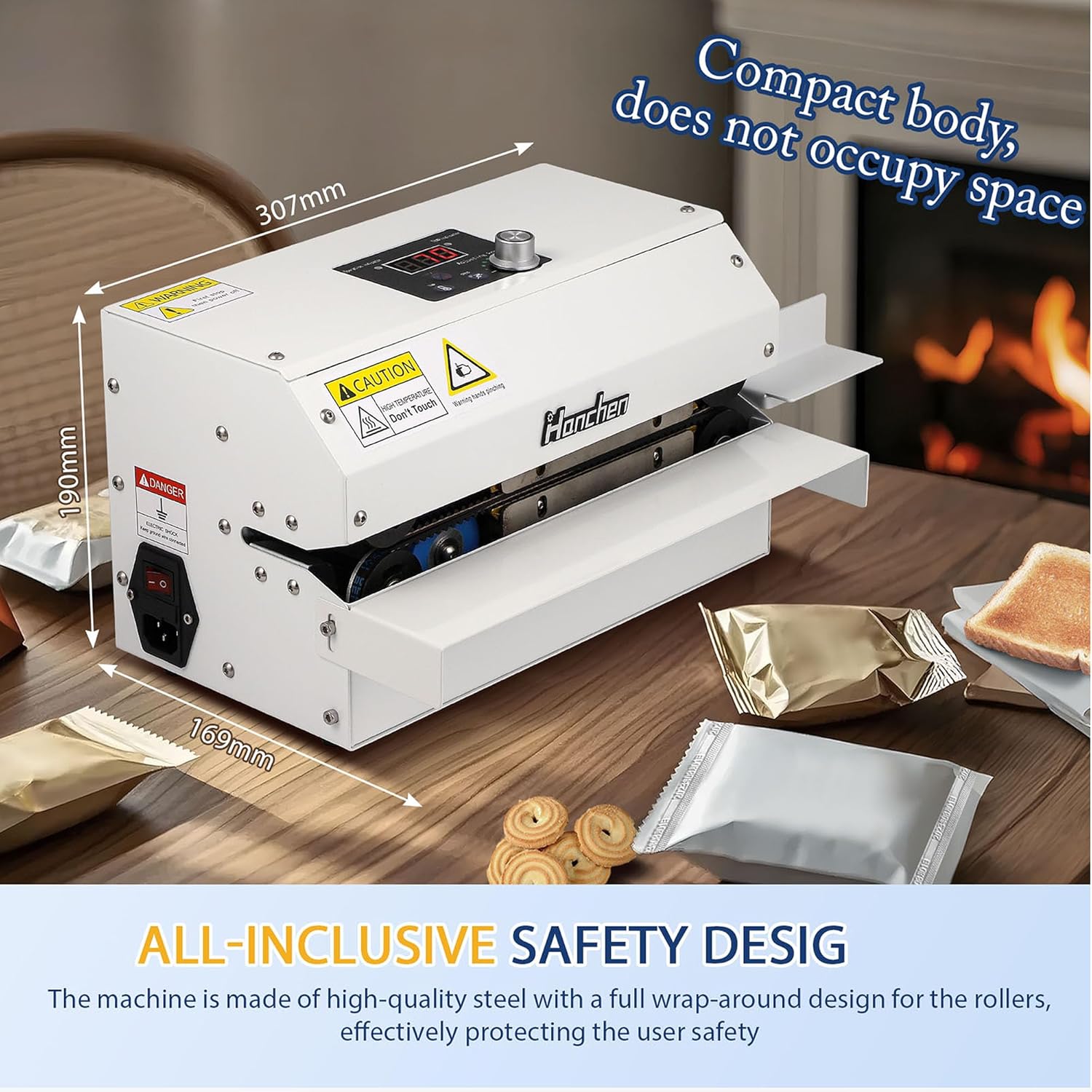 Hanchen Automatic Continuous Sealer 6m/min Continuous Band Sealing Machine Temp&Speed Adjustable, 300W Roller Heat Sealer for Plastic Bag Foil Bag Kraft Paper Bag (Without printing wheel) - Image 4