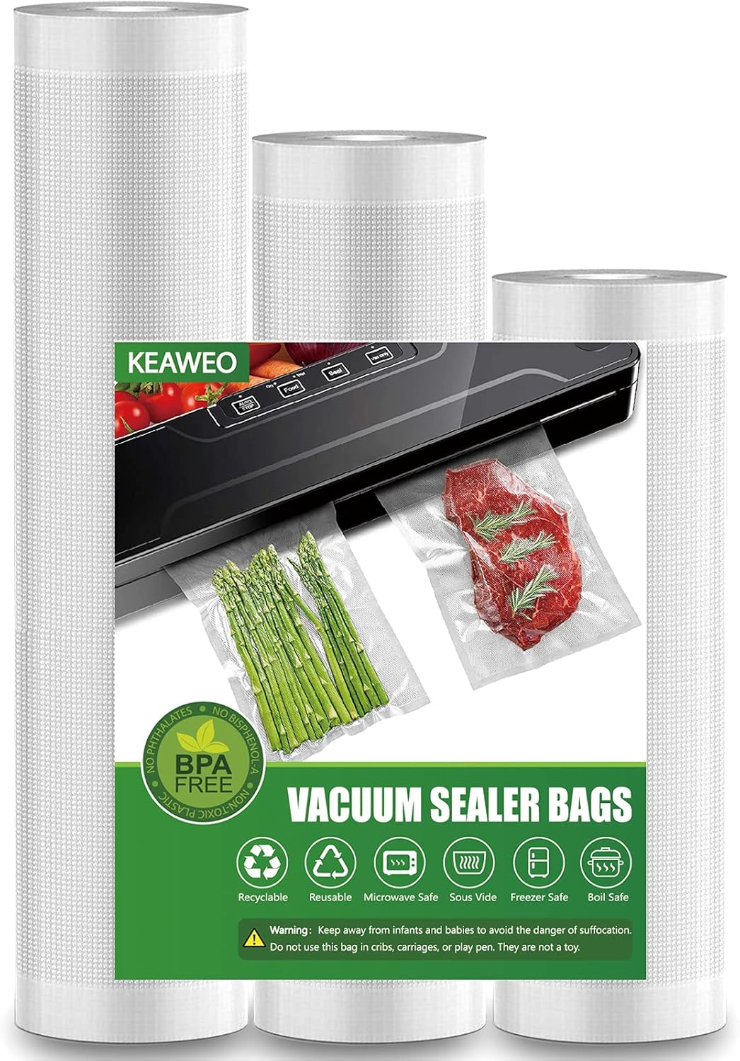Vacuum Sealer Bags, Food Vacuum Seal 3 Rolls 12M for Sous Vide Cooking, Microwave, Freezer, Food Storage Preservation Seal Meal, Reusable, BPA Free Fit All Sealer Machines 20cm/25cm/28cmx 400cm