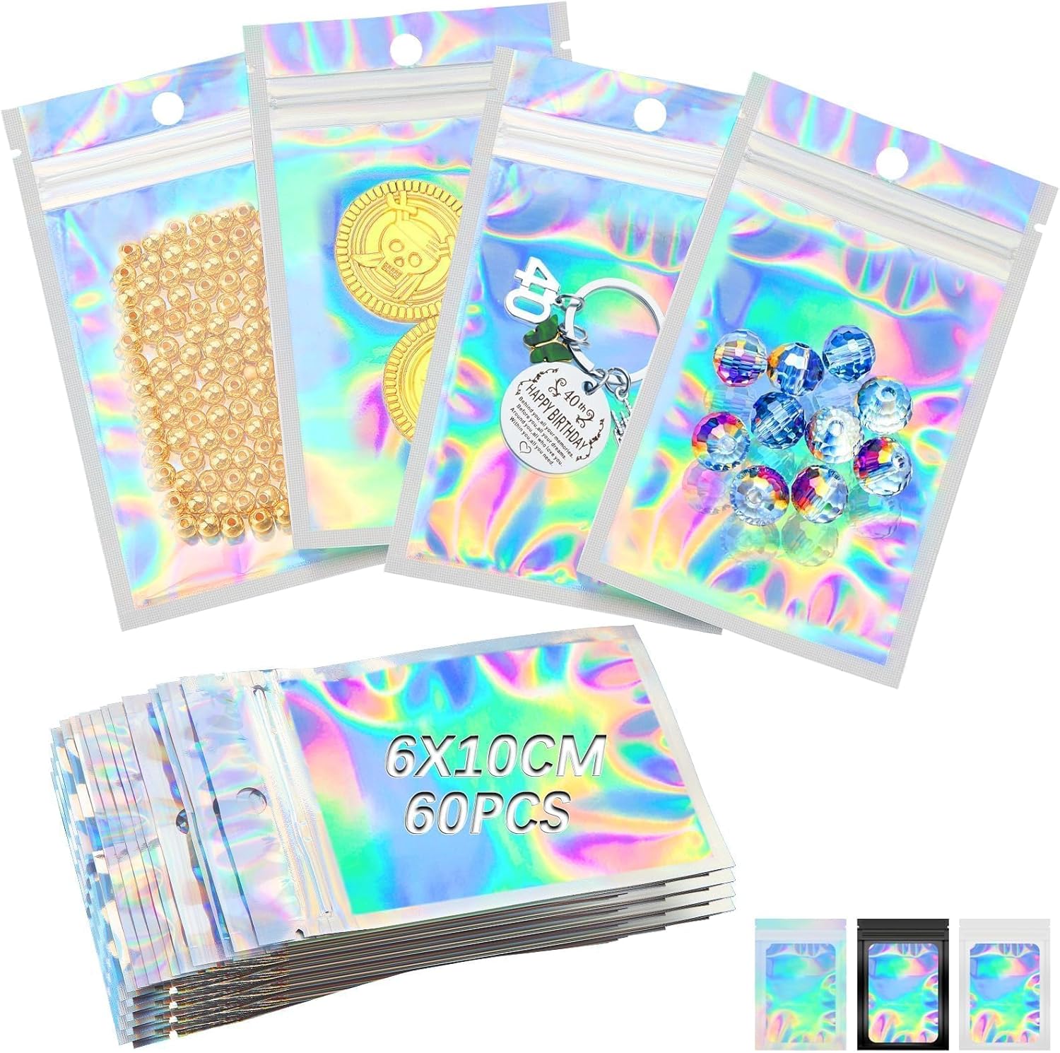 60 Pieces Mylar Holographic Foil Ziplock Pouches - 6x10cm Resealable Small Sweet Glossy Poly Zip Lock Food Storage for Candy, Jewelry, Packaging, Sample