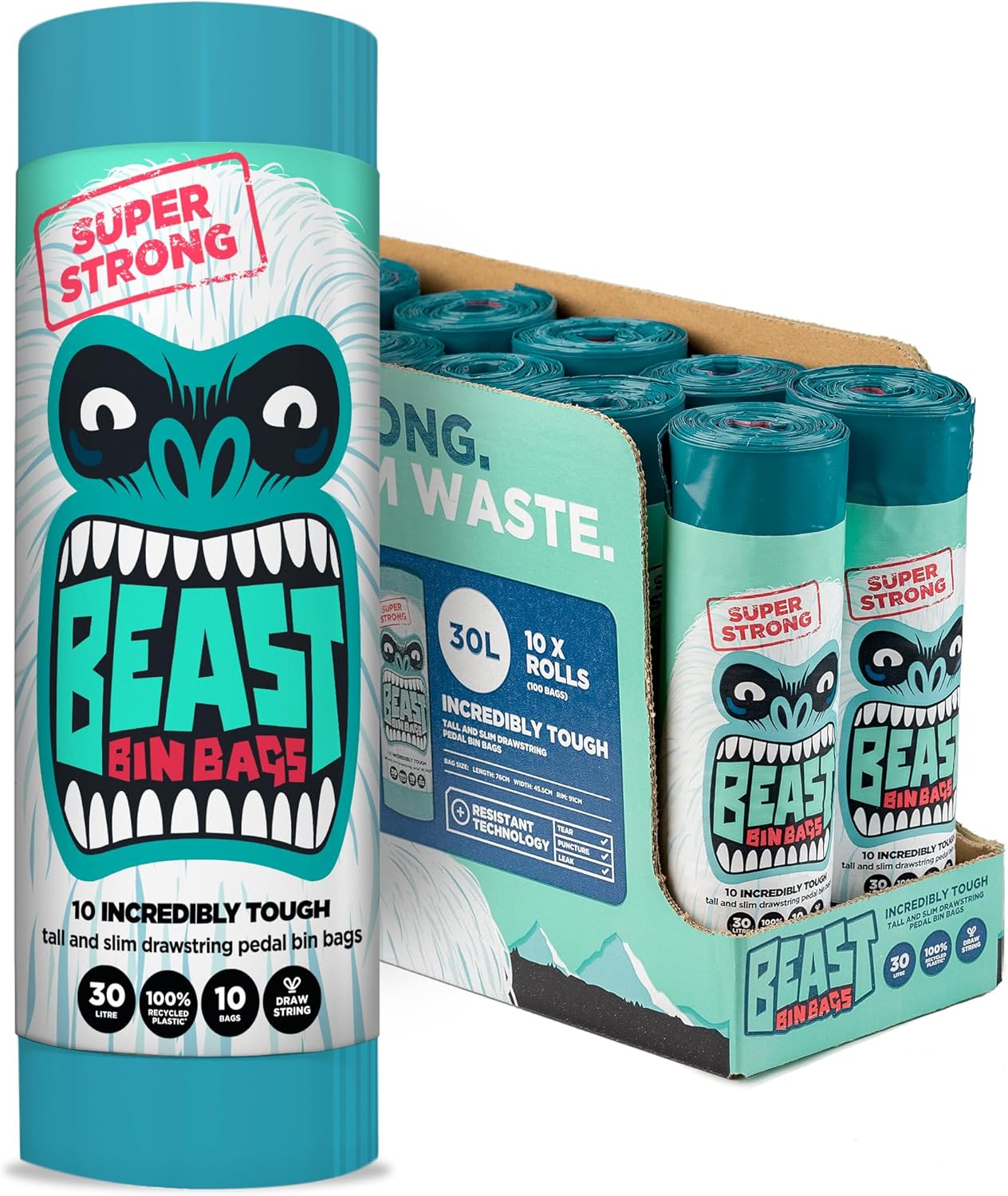 BEAST BIN BAGS, 10 Rolls of 10 x 30 Litre Bags (Total 100 Bags) - Made From 100% Recycled LLDPE - Incredibly Strong, Tall and Slim Drawstring Pedal Blue Bin Bags