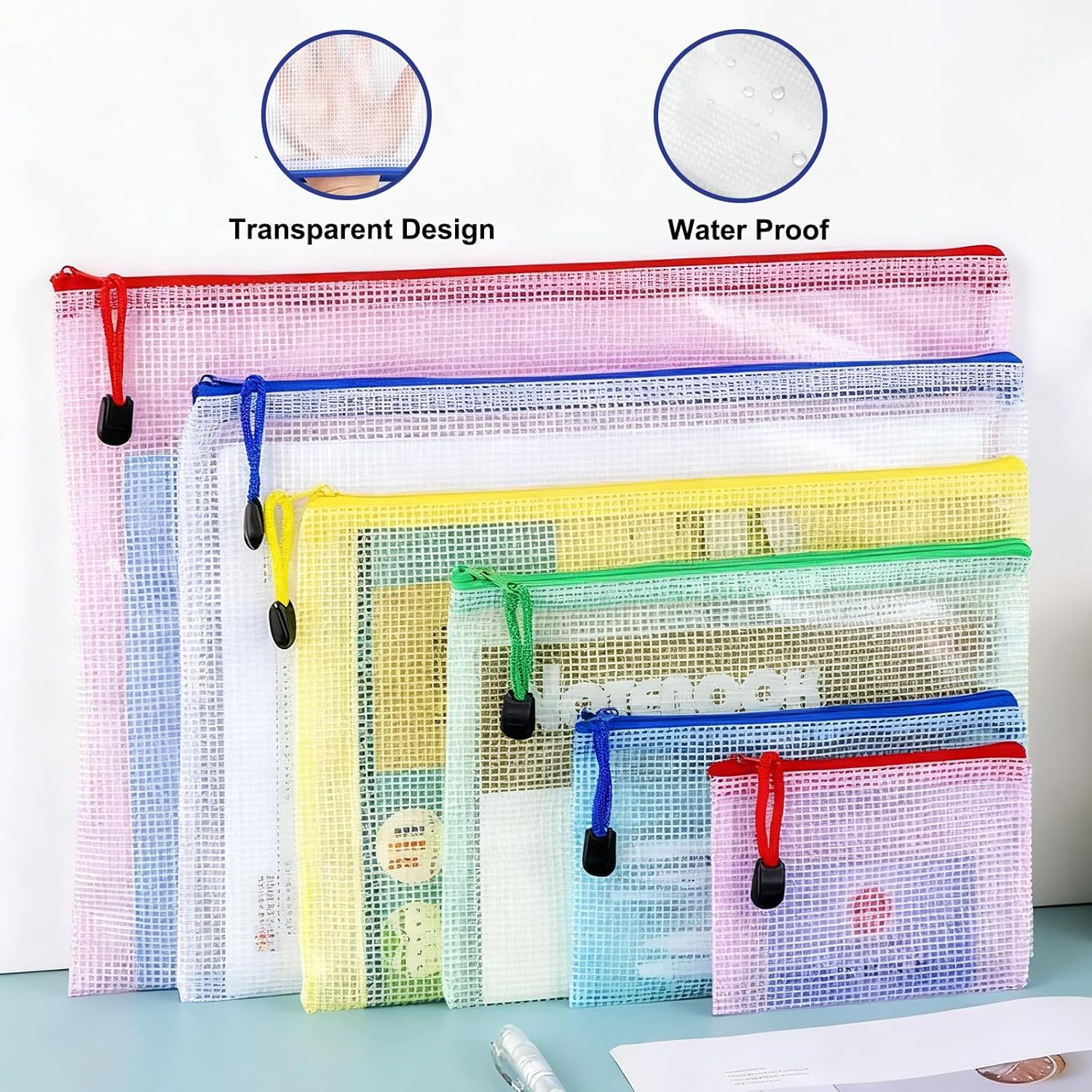 Plastic Zip Wallets, 22 Pcs Mesh Zipper File Folders - 9 Different Sizes(A3,A4,A5,A6,B4,B5,B6,B8,Receipts), Waterproof Document Storage Bags, Coloured Waterproof Zip Bags for Toys, Office, School - Image 6