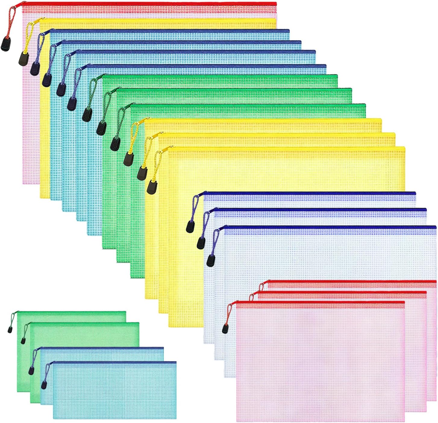 Plastic Zip Wallets, 22 Pcs Mesh Zipper File Folders - 9 Different Sizes(A3,A4,A5,A6,B4,B5,B6,B8,Receipts), Waterproof Document Storage Bags, Coloured Waterproof Zip Bags for Toys, Office, School