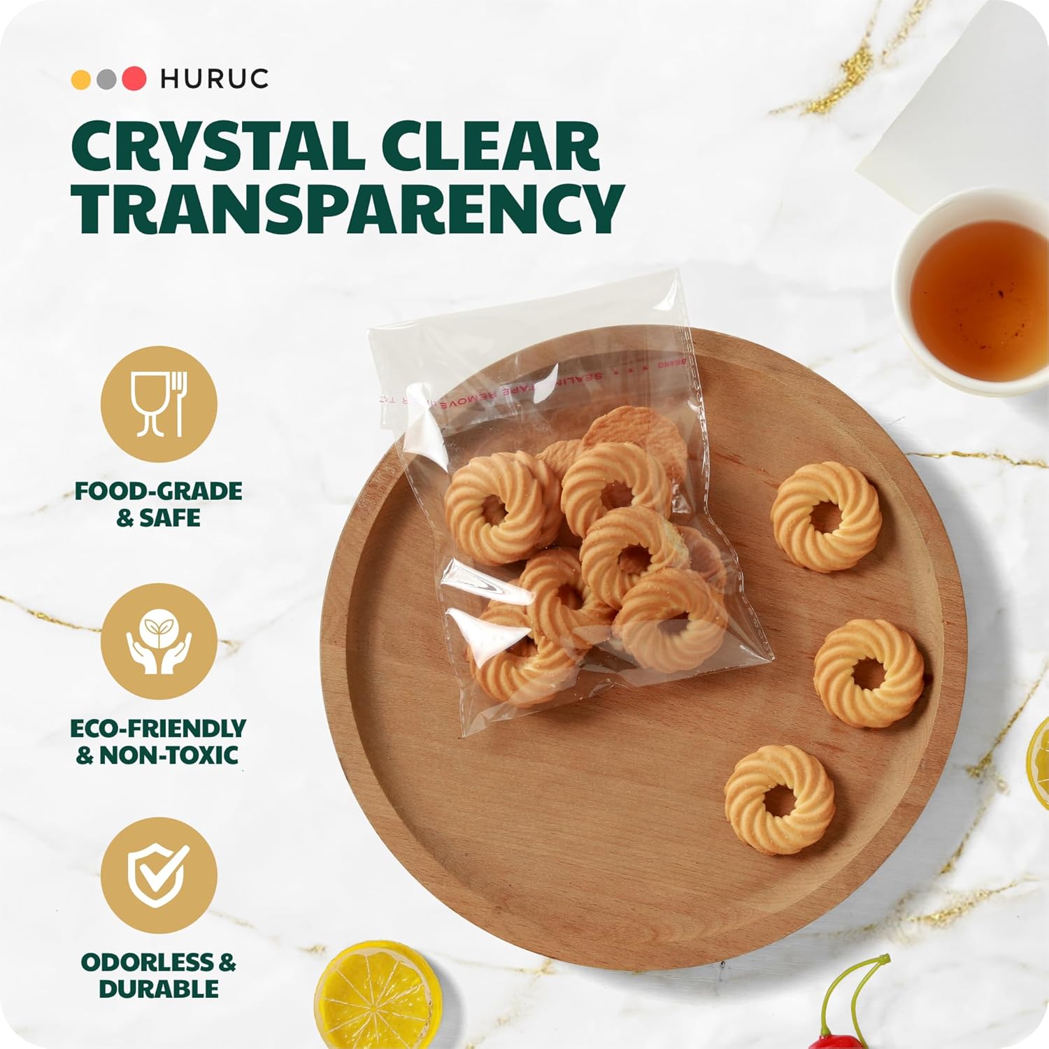 HURUC Small Clear Self-Seal Cellophane Bags 17.8×13cm – 100 Pack | Self-Adhesive Treat Bags for Cookies, Sweets, Jewellery, Crafts & Party Favours - Image 2