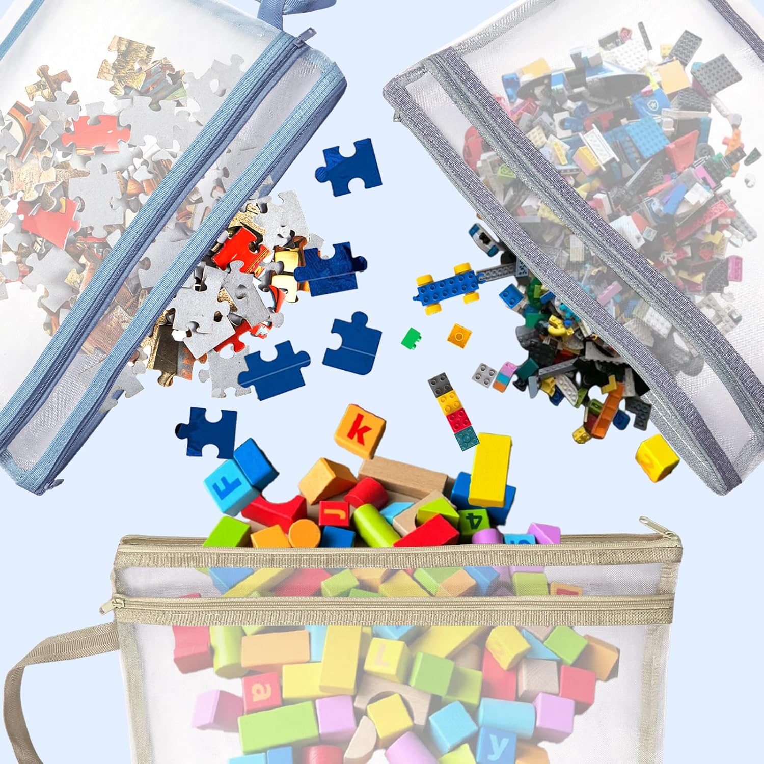 10 Pack Mesh Zipper Pouch Bags, Colored Double-Layer Toy Storage Bags with Zipper, Nylon Board Game Storage, Breathable See Puzzle Building Blocks Toy Storage Bag with Handle (A4) - Image 5