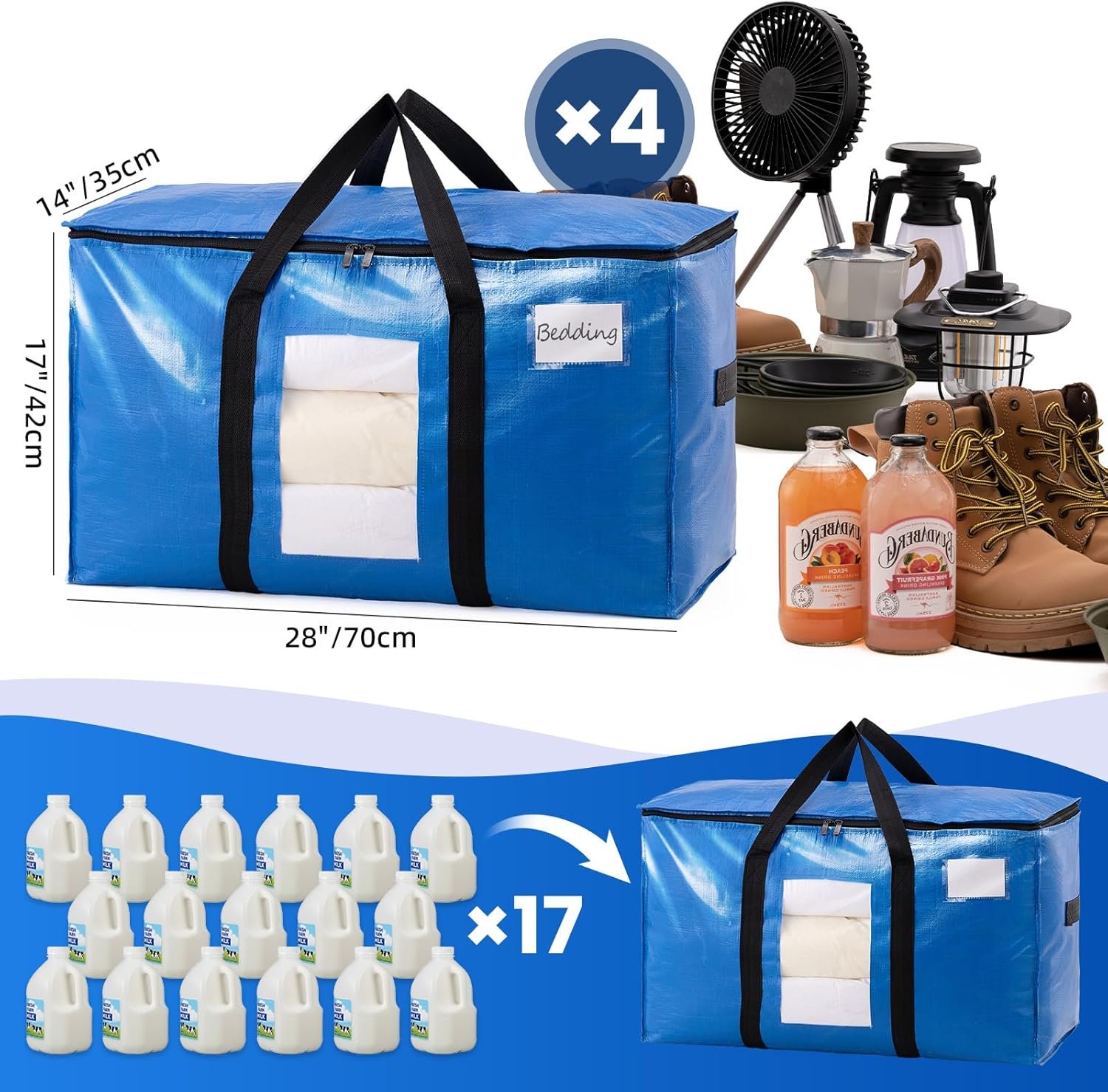 TAILI Large Moving Bags & Storage Bags 4 Pack, Clear Window & Reinforced Handles,Heavy Duty Storage Bags with Zips for Clothes,Beddings,Travel,Camping,Loft,Moving box alternatives - Image 6