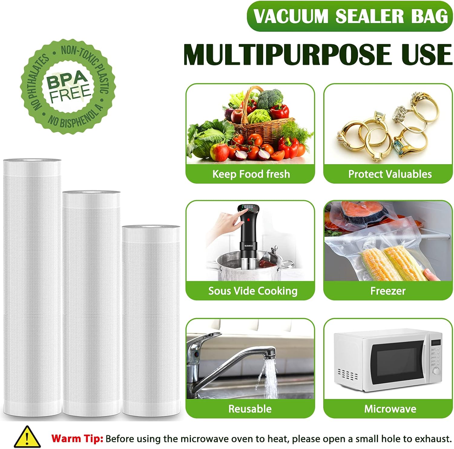 Vacuum Sealer Bags, Food Vacuum Seal 3 Rolls 12M for Sous Vide Cooking, Microwave, Freezer, Food Storage Preservation Seal Meal, Reusable, BPA Free Fit All Sealer Machines 20cm/25cm/28cmx 400cm - Image 5