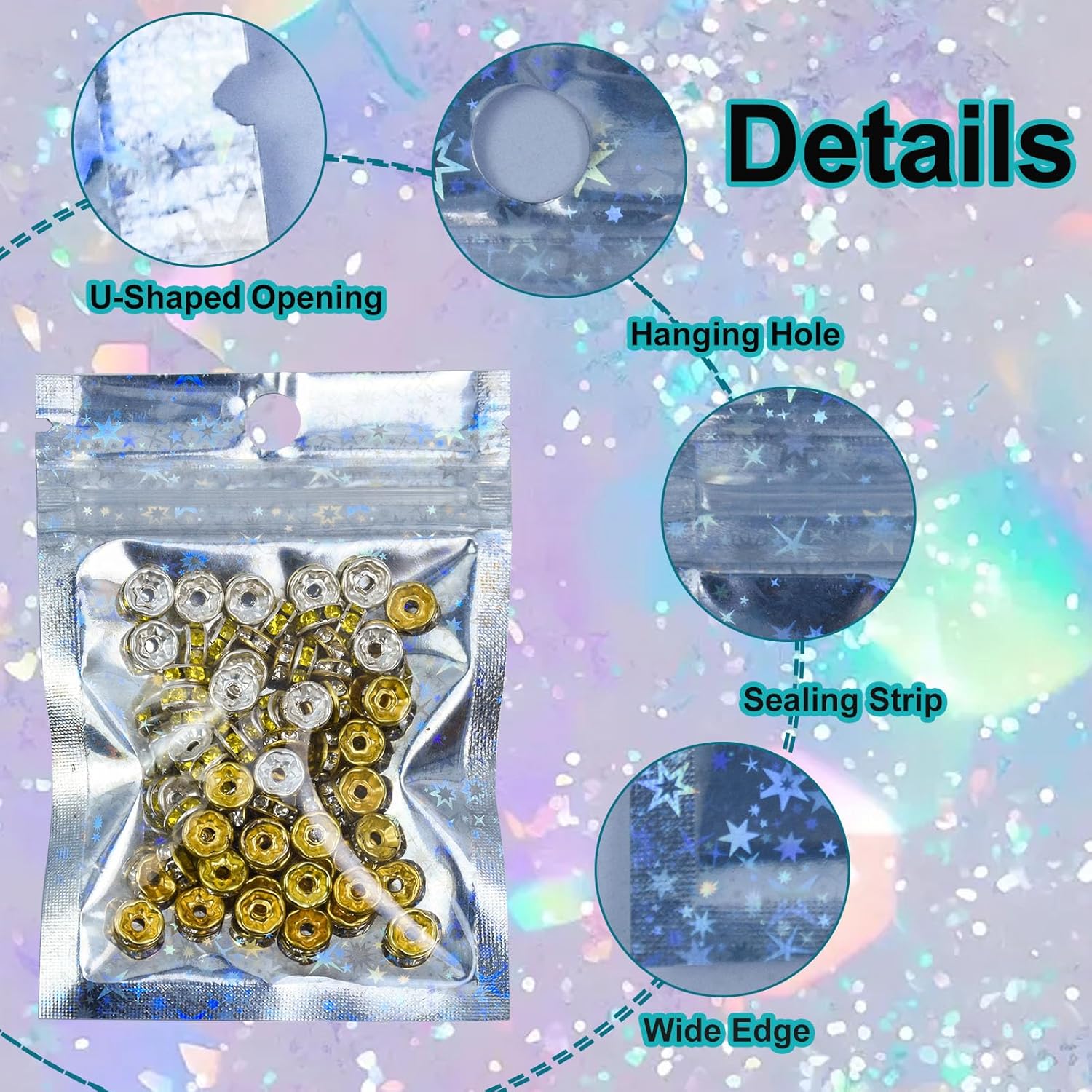 50 PCS Holographic Packaging Bags, Wax Melt Bags Sweet Packaging Jewellery Mylar Bag Foil Pouch Self Sealing Storage Foil Ziplock Bag Cookie Mylar Pouches for Candy Food (7 * 10cm/2.8 * 3.9inch) - Image 4