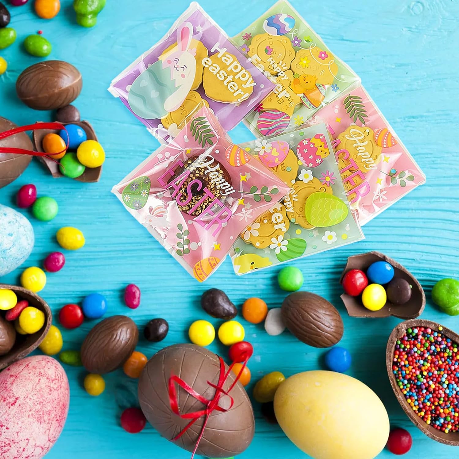 100-Pack Easter Cellophane Treat Bags with Self-Seal Adhesive - 4 Styles Bunny Egg Cone Goodie Bags for Cookies, Candy, Party Favors - Food Safe Easter Cookie Bags for Classroom Church Events - Image 6