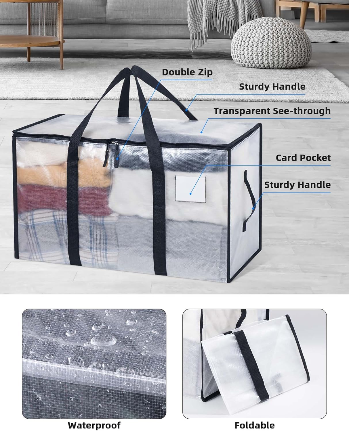 4 Pack Clear Clothes Storage Bags, 91L Heavy Duty Moving Bag, Transparent Large Wardrobe Organiser Packing Bags with Zips Lids for Duvet Toys (Clear, 4 Pack) - Image 3