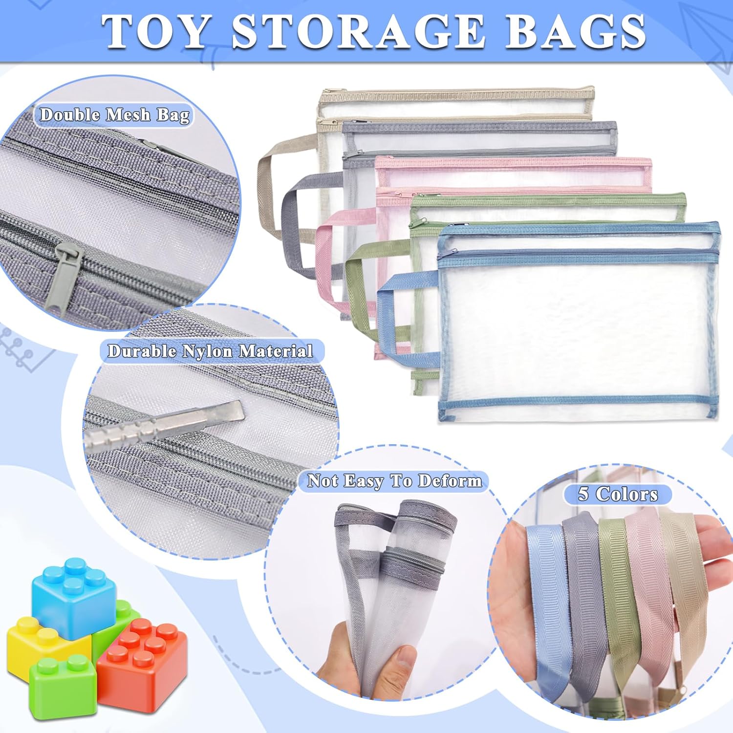 10 Pack Mesh Zipper Pouch Bags, Colored Double-Layer Toy Storage Bags with Zipper, Nylon Board Game Storage, Breathable See Puzzle Building Blocks Toy Storage Bag with Handle (A4) - Image 3