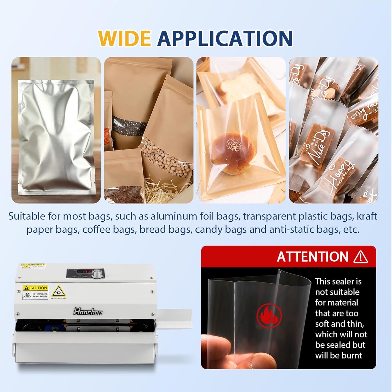 Hanchen Automatic Continuous Sealer 6m/min Continuous Band Sealing Machine Temp&Speed Adjustable, 300W Roller Heat Sealer for Plastic Bag Foil Bag Kraft Paper Bag (Without printing wheel) - Image 3