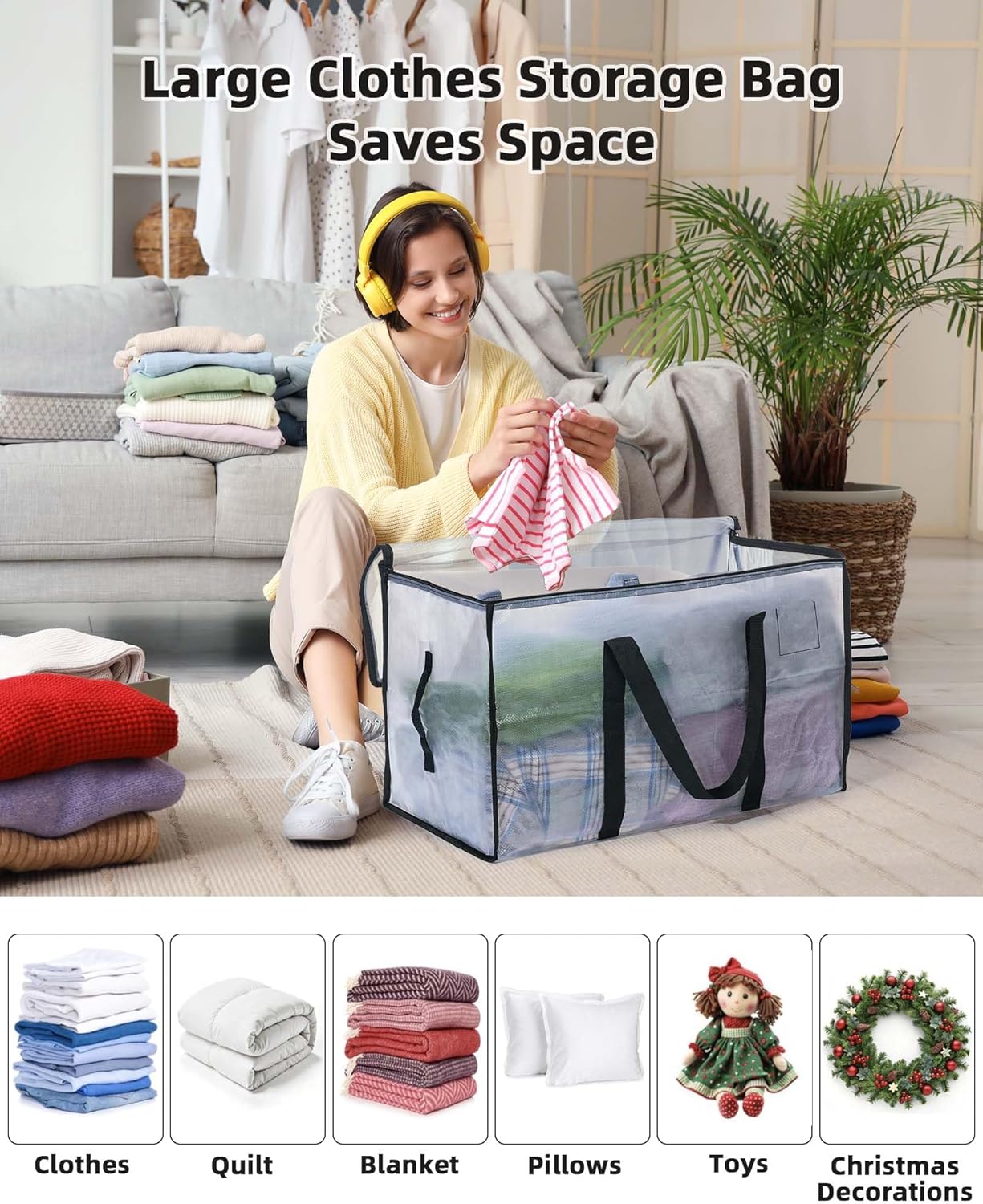4 Pack Clear Clothes Storage Bags, 91L Heavy Duty Moving Bag, Transparent Large Wardrobe Organiser Packing Bags with Zips Lids for Duvet Toys (Clear, 4 Pack) - Image 5