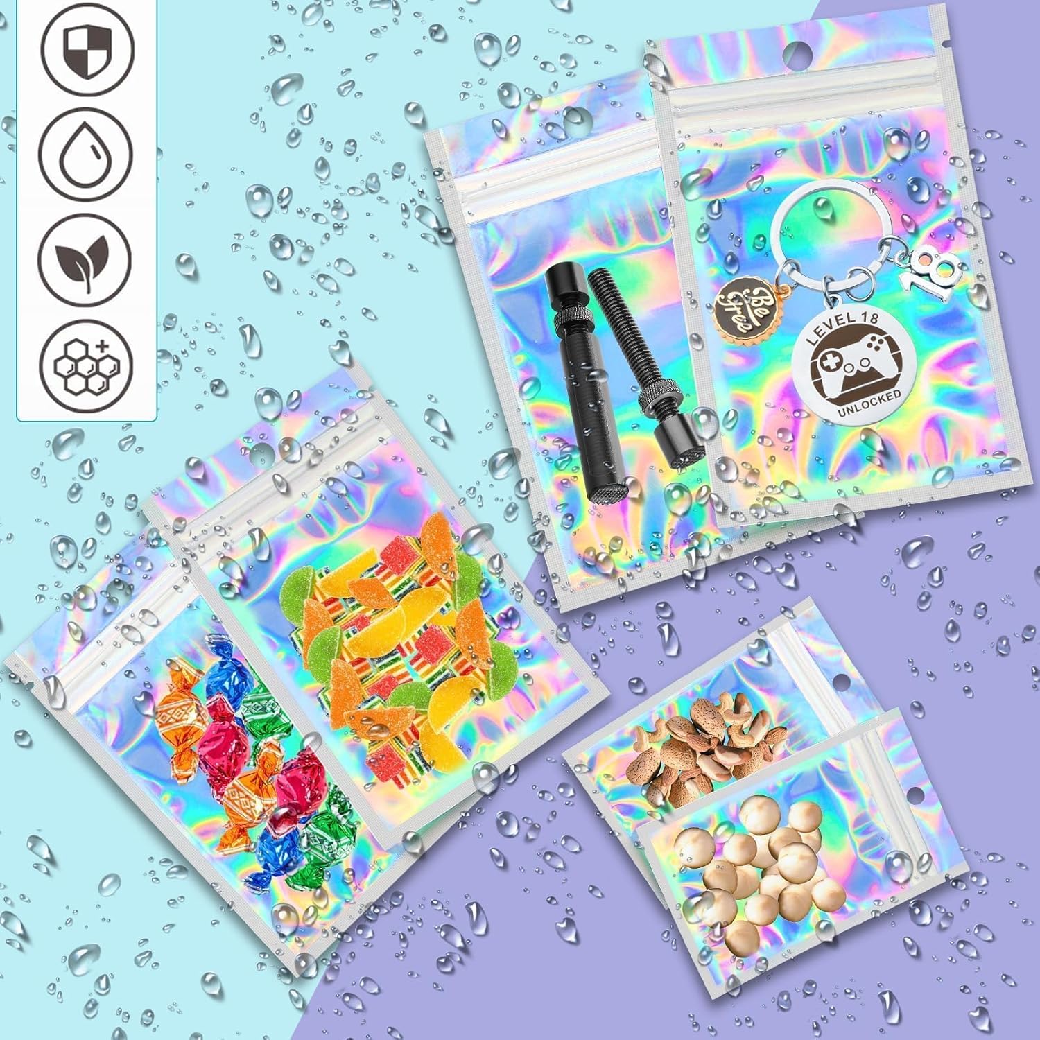 60 Pieces Mylar Holographic Foil Ziplock Pouches - 6x10cm Resealable Small Sweet Glossy Poly Zip Lock Food Storage for Candy, Jewelry, Packaging, Sample - Image 2