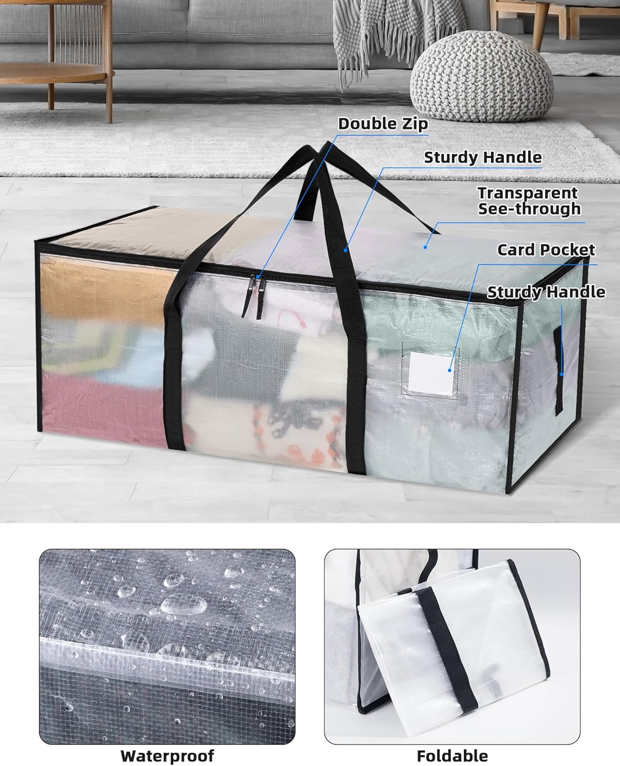 4 Pack Clear Clothes Storage Bags, 120L Heavy Duty Moving Bag, Transparent Large Wardrobe Organiser Packing Bags with Zips Lids for Duvet Toys (4 Pack, Clear) - Image 3