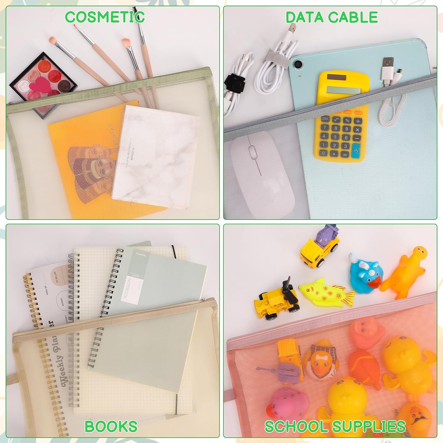 10 Pack Colored Mesh Zipper Pouch Bags, A4 Double-Layer Toy Storage Bags with Zipper Nylon Puzzle Building Blocks See Through Mesh Bag for Home School Office Game, Style 2 - Image 3