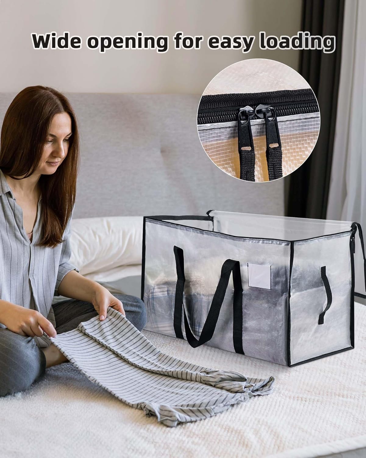 4 Pack Clear Clothes Storage Bags, 91L Heavy Duty Moving Bag, Transparent Large Wardrobe Organiser Packing Bags with Zips Lids for Duvet Toys (Clear, 4 Pack) - Image 6