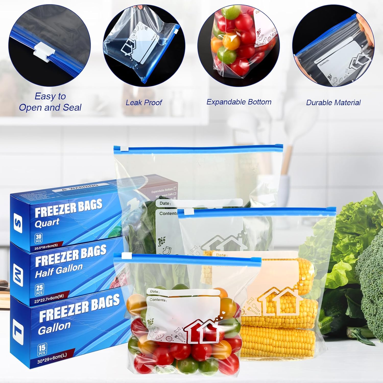 70 Pcs Zip Lock Bags, 3 Sizes Freezer Bags (4.55L, 2.27L, 1L), Reusable Heavy Duty Food Bag with Expandable Bottom, Ziplock Sandwich Bag for Fruits, Veggies, Meat, Snacks - Image 4