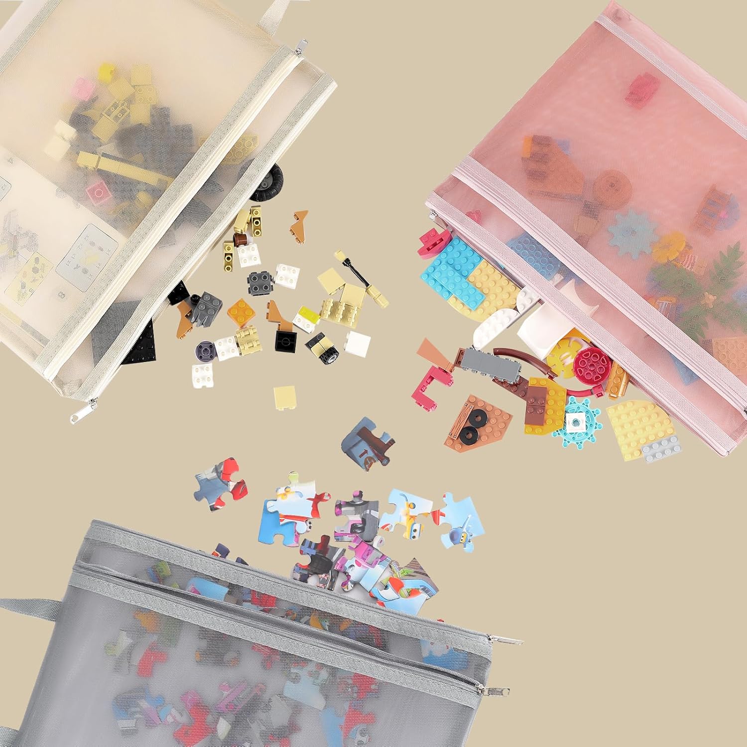 10 Pack Colored Mesh Zipper Pouch Bags, Double-Layer Nylon Puzzle Building Block Sets Toy Storage & Organization, Breathable See Through A4 Zipper Pouch with Handle for School Games - Image 2