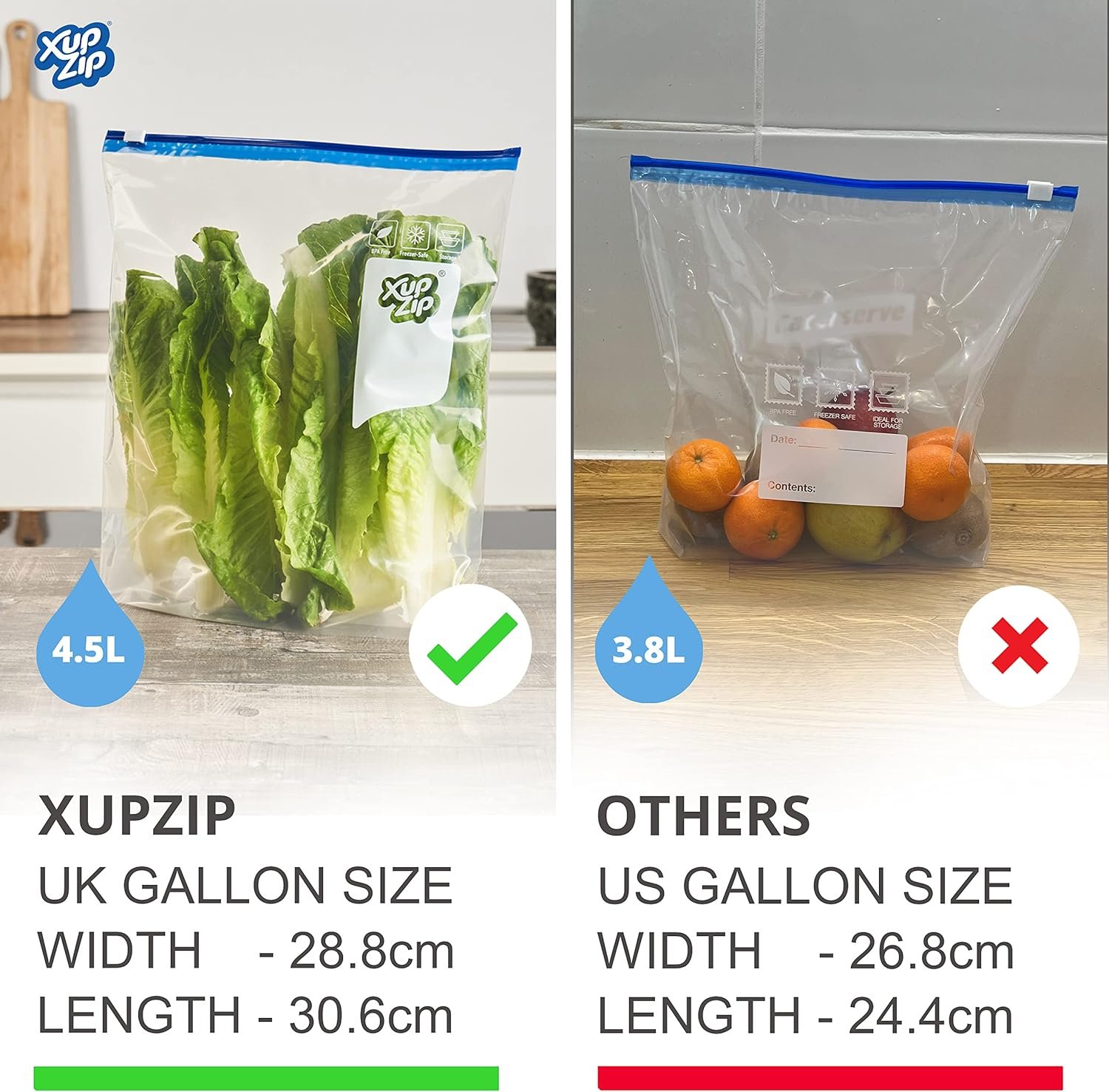 XupZip 4.55L Slider Freezer Bags with Airtight & Leakproof Smart Zip Seal – Reusable Food Bag with Expandable Bottom – 1.2 Gallon Heavy-Duty Large Zip-Lock Bags, 30 Pcs - Image 3