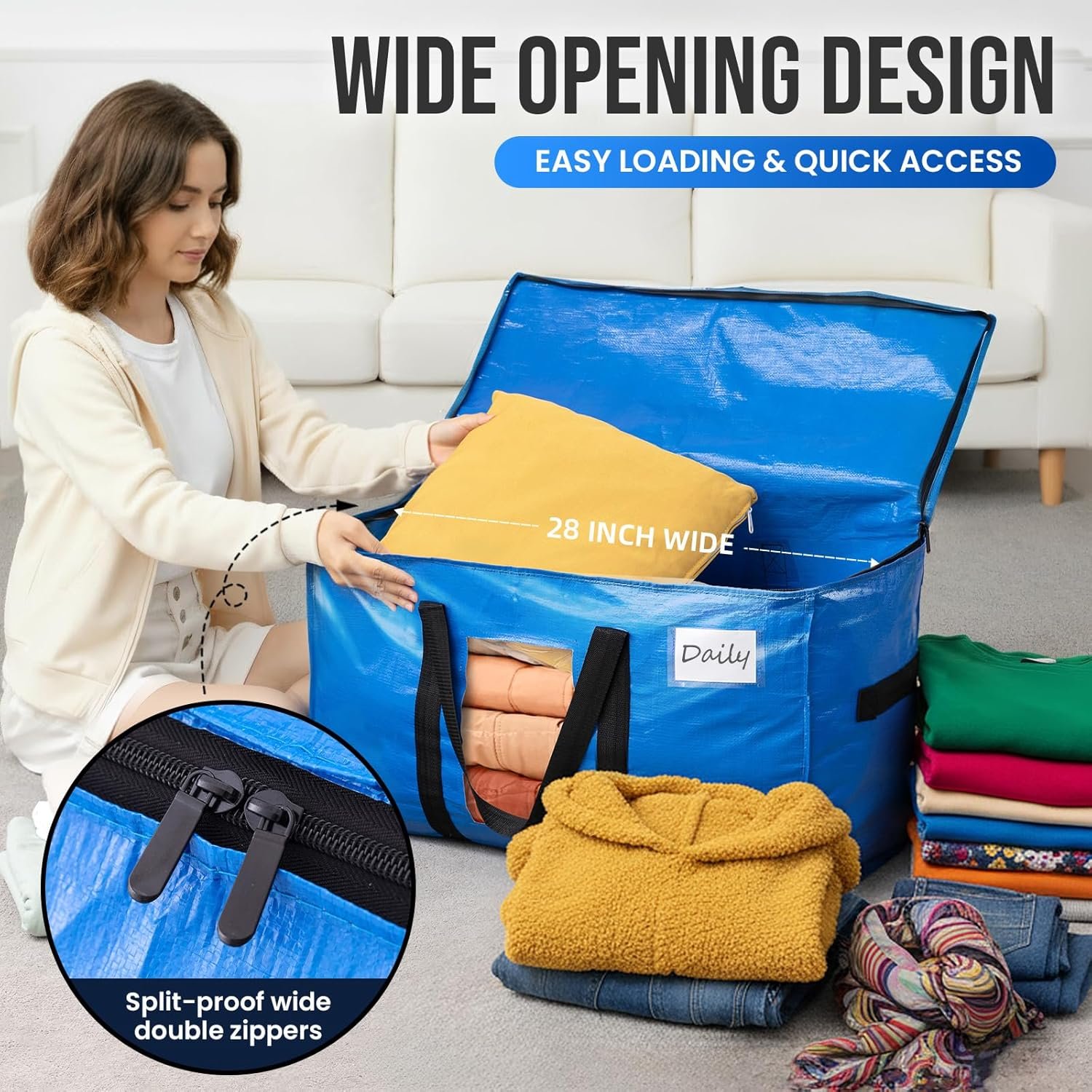 TAILI Large Moving Bags & Storage Bags 4 Pack, Clear Window & Reinforced Handles,Heavy Duty Storage Bags with Zips for Clothes,Beddings,Travel,Camping,Loft,Moving box alternatives - Image 2
