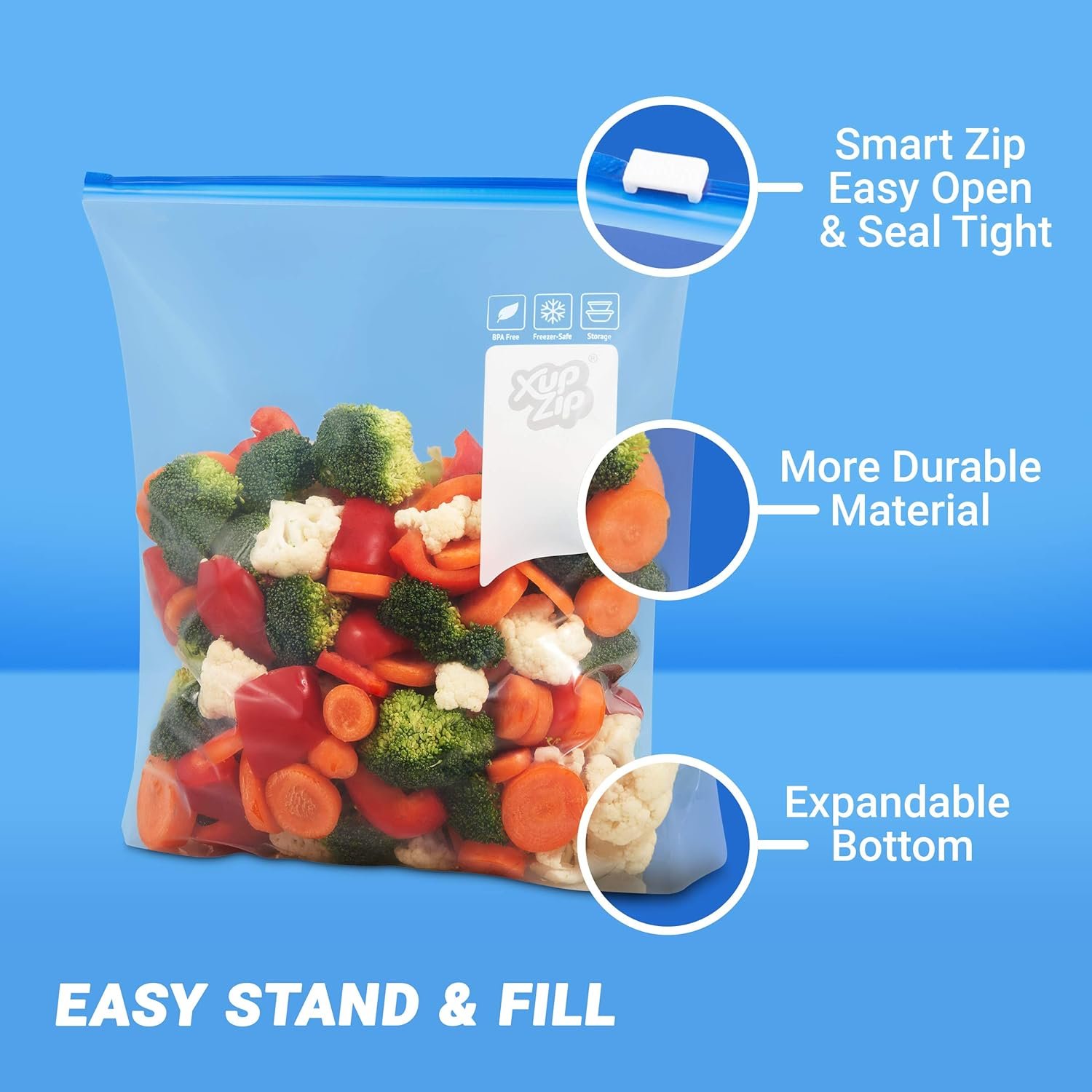 XupZip 4.55L Slider Freezer Bags with Airtight & Leakproof Smart Zip Seal – Reusable Food Bag with Expandable Bottom – 1.2 Gallon Heavy-Duty Large Zip-Lock Bags, 30 Pcs - Image 4
