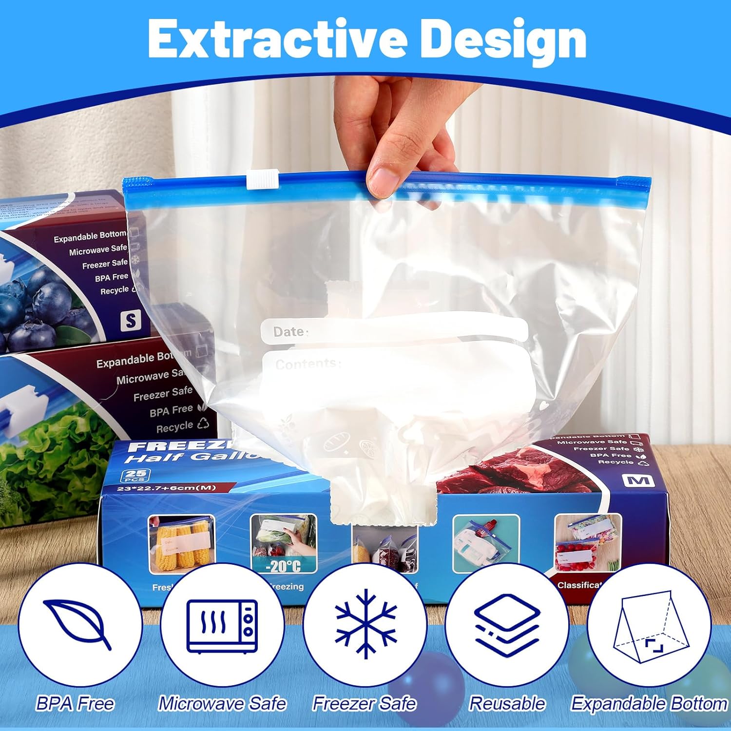 70 Pcs Zip Lock Bags, 3 Sizes Freezer Bags (4.55L, 2.27L, 1L), Reusable Heavy Duty Food Bag with Expandable Bottom, Ziplock Sandwich Bag for Fruits, Veggies, Meat, Snacks - Image 3