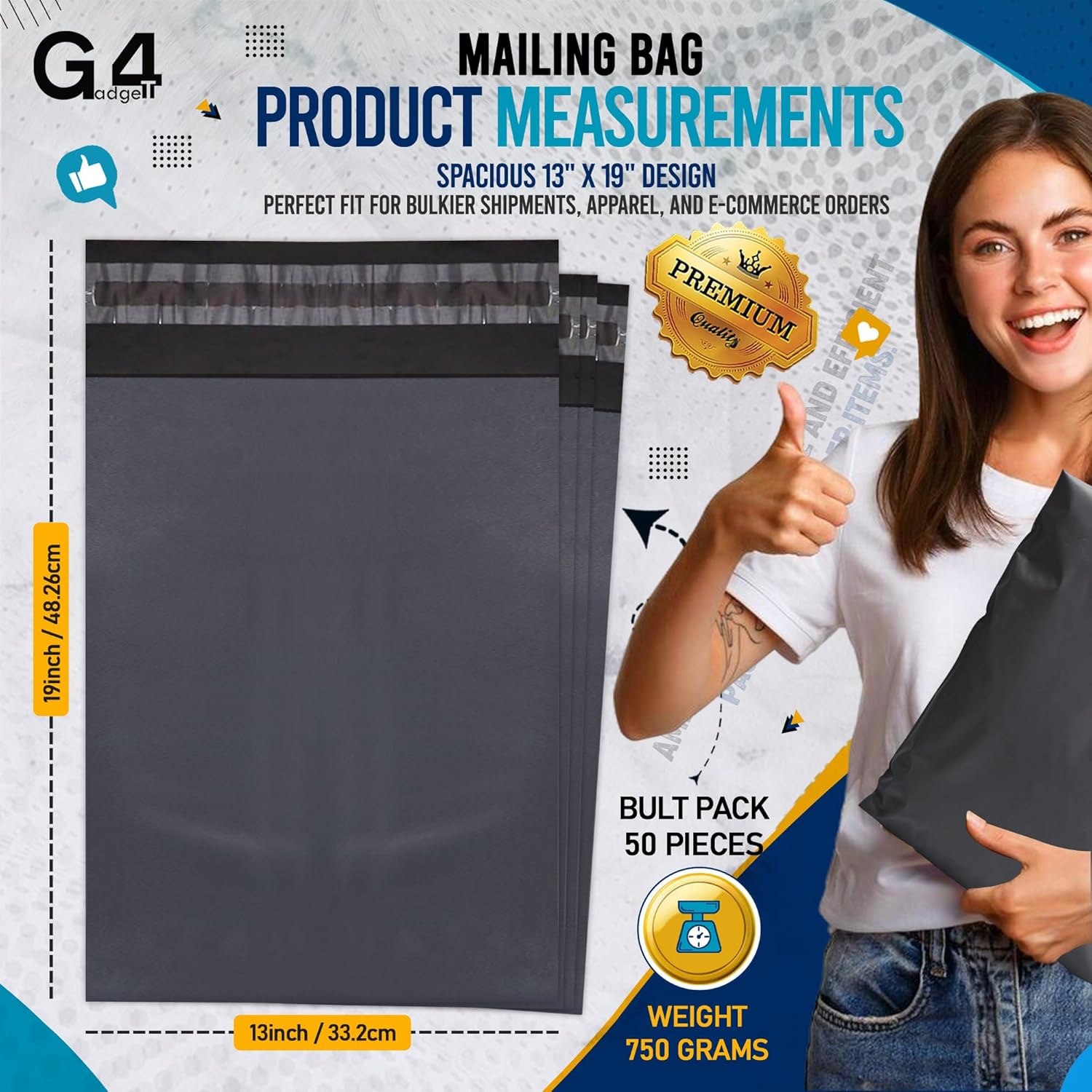 G4GADGET 50x Grey Mailing Bags 13x19 Inch | Heavy Duty Postage Bags for Parcels | Self Seal Waterproof Plastic Shipping Bags for Vinted Clothes & Packaging - Image 3