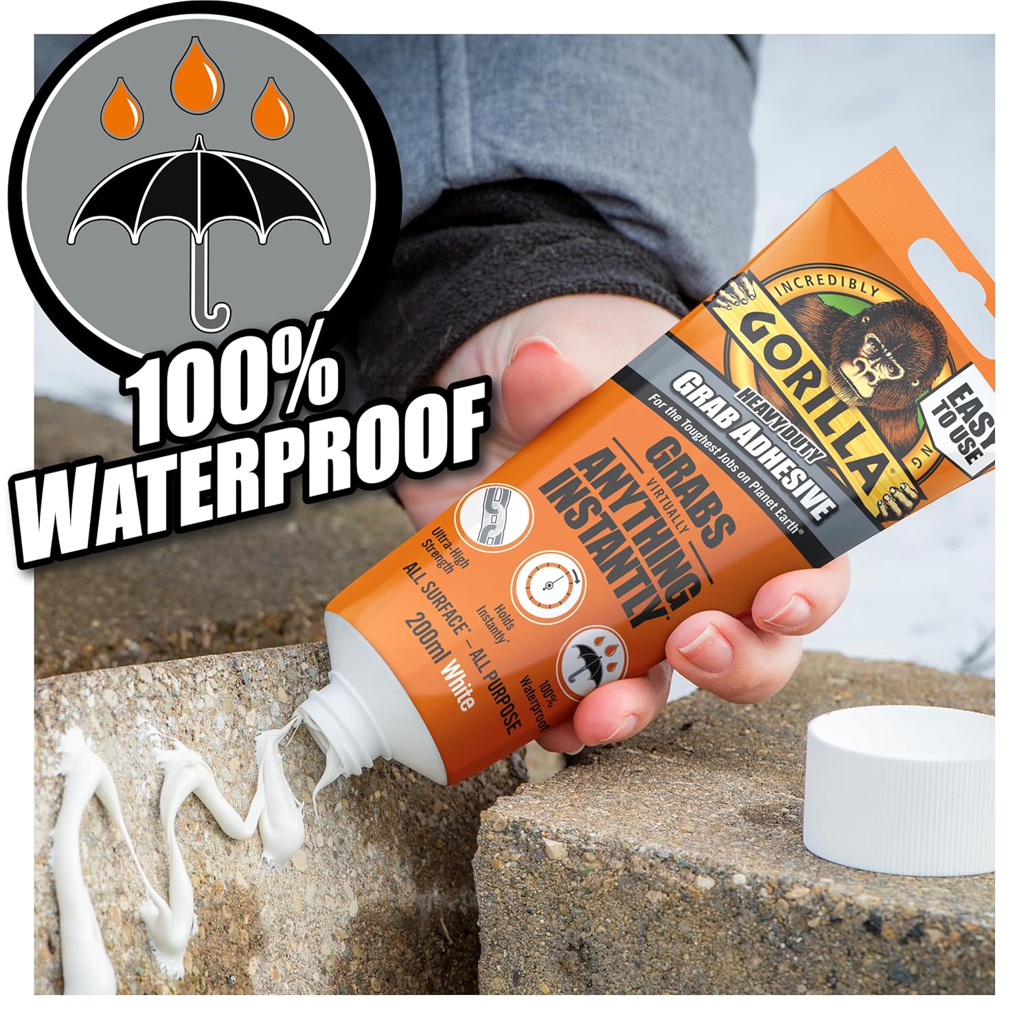 Gorilla Heavy Duty White Grab Adhesive 200ml Tube – All-Purpose, Ultra-High Strength, Holds Instantly, 100% Waterproof & temperature resistant - Image 3