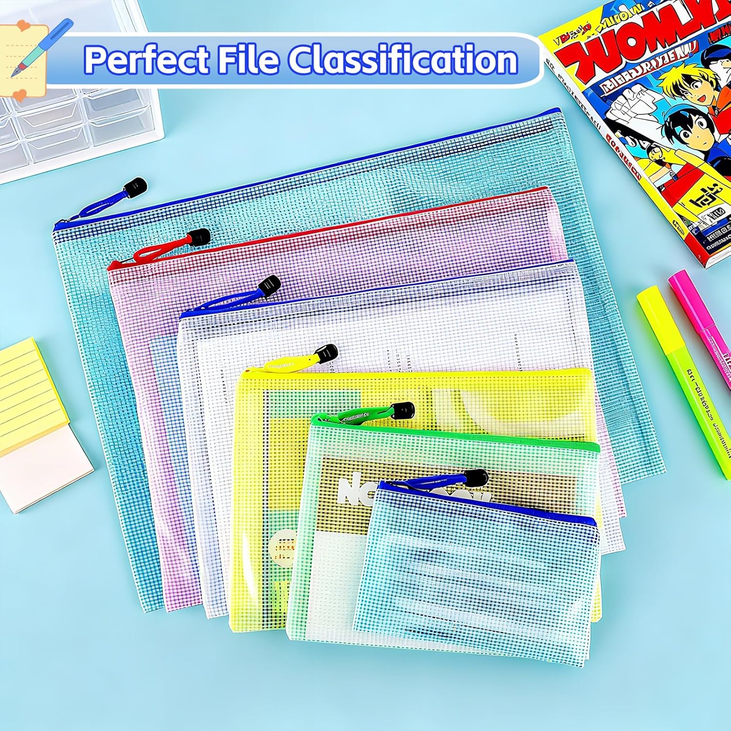 Plastic Zip Wallets, 22 Pcs Mesh Zipper File Folders - 9 Different Sizes(A3,A4,A5,A6,B4,B5,B6,B8,Receipts), Waterproof Document Storage Bags, Coloured Waterproof Zip Bags for Toys, Office, School - Image 3