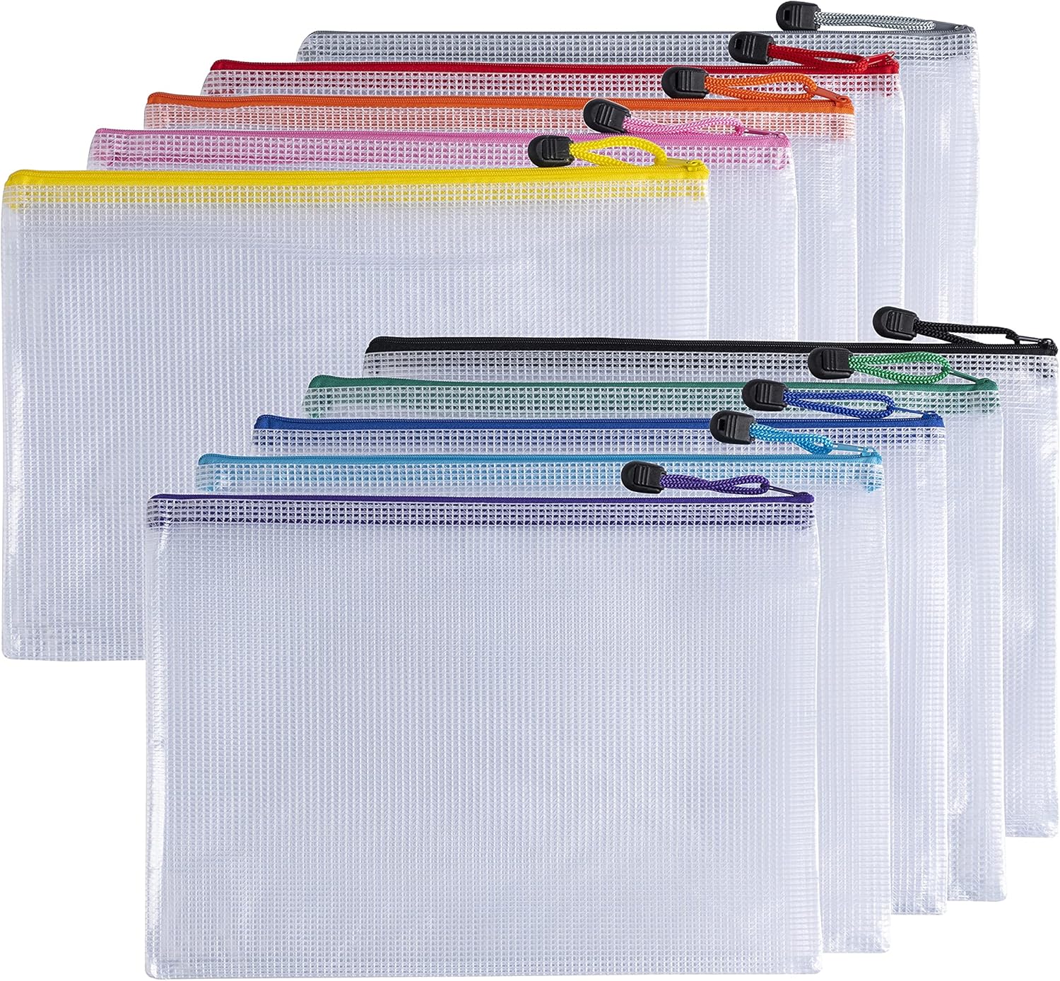Pack of 10 A4 Assorted PVC Mesh Coloured Zip Bags - Mesh Zipper Pouch Document Bag - A4 Zipper File Bags for School & Office Supplies